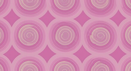 Delicate pink circles with swirls and pastel beige accents.  Geometric abstract pattern.  Concentric design.