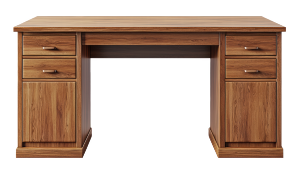 A wooden desk with two sets of drawers on each side is displayed from the front, isolated on transparent background. Suitable for office or home workspace design setups