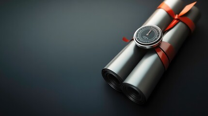 Two rolled diplomas tied with a red ribbon and a stopwatch on top, against a dark background.