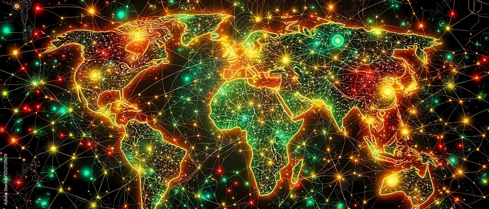 Poster global quantum internet traffic patterns - art nouveau cybernetic network map