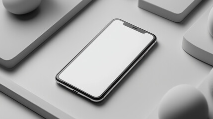 A modern smartphone with a blank screen lies on a light grey background. Perfect for app design and advertising.