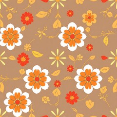 Autumn Floral Pattern: A cheerful and vibrant seamless pattern featuring white, orange, and red flowers with yellow leaves on a brown background.