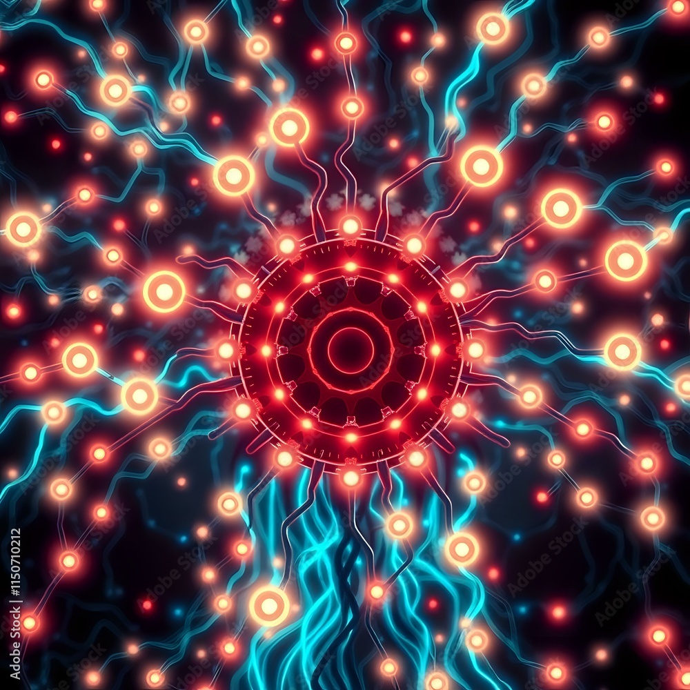 Poster intricate interconnected nodes cybernetic art nouveau clock