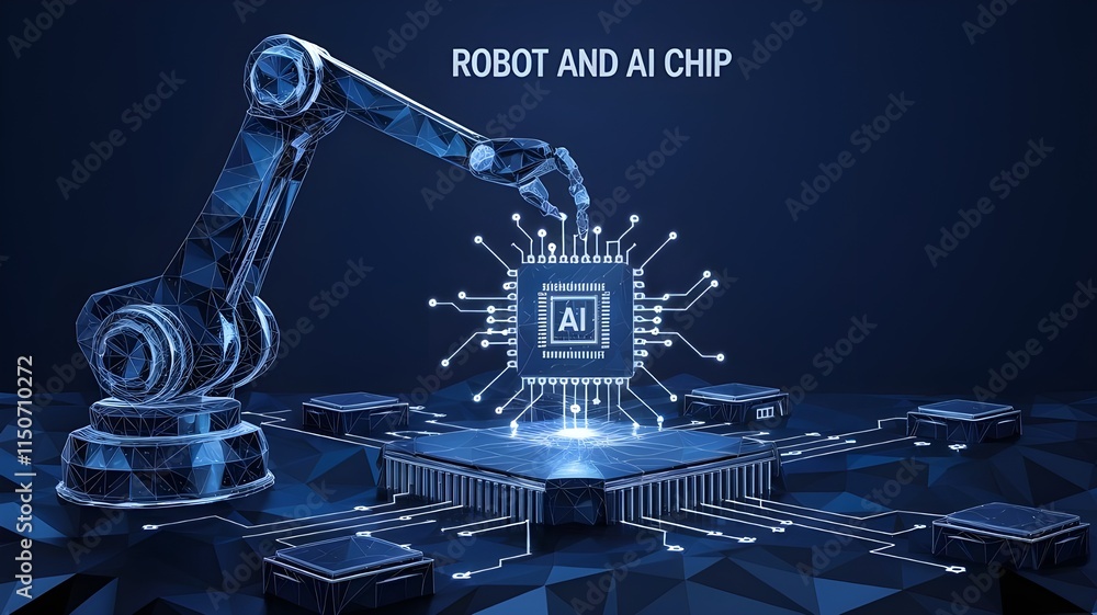 Poster industrial robotic arms create ai a chip or a semiconductor on a dark blue background. robot and ai 