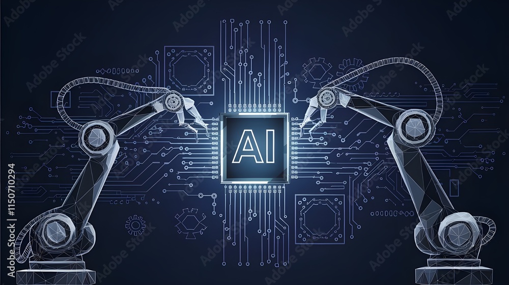 Poster industrial robotic arms create ai a chip or a semiconductor on a dark blue background. robot and ai 