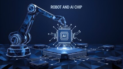 Industrial robotic arms create AI a chip or a semiconductor on a dark blue background. Robot and AI chip. Abstract technology bg. Artificial Intelligence concept. Low poly