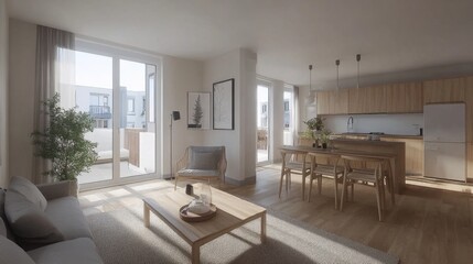Bright and Modern Open-Concept Living Space with Kitchen Area
