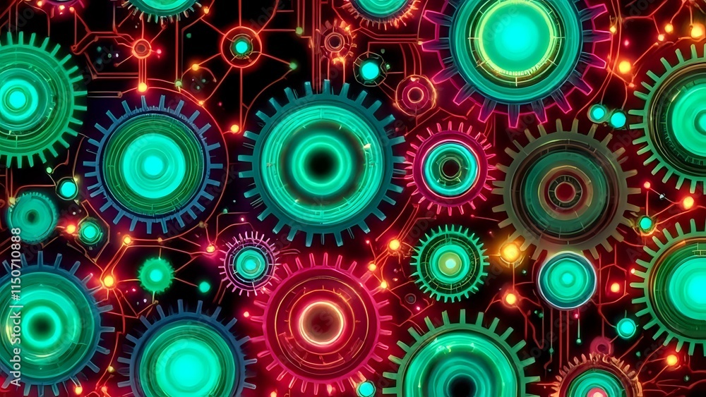 Poster glowing geometric abstract art: interlocking shapes on deep red background