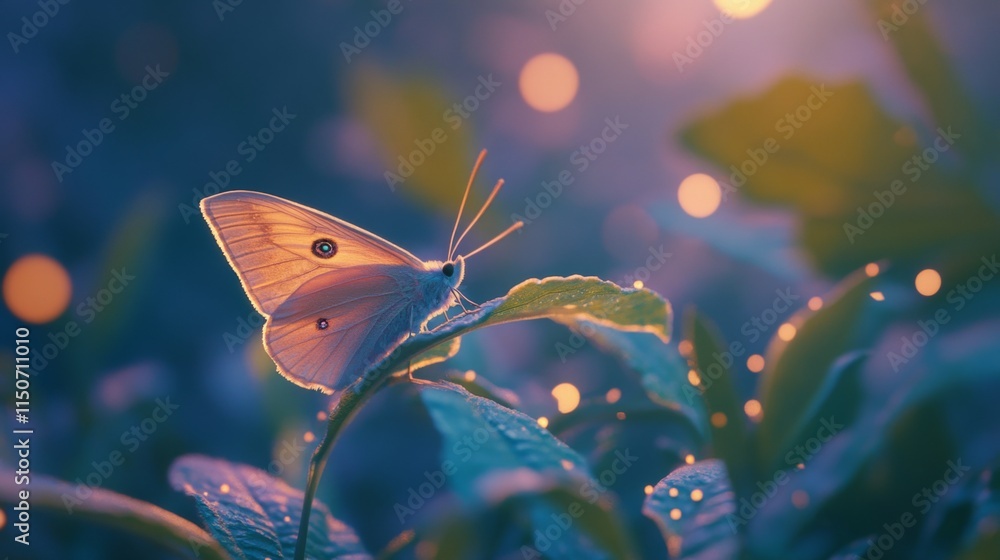 Aufkleber Delicate Butterfly Resting on Leaf with Soft Bokeh Background