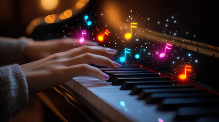 Fototapeta premium Hands playing a piano with colorful musical notes floating in a warm, magical setting, representing creativity and artistic expression. Generated with AI