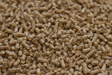Wood filler for cat toilet, selective focus. Hygienic filler for pets. Pressed wood, large granules. Pellets. A pile of wood pellets. Filler for dogs, cats, domestic rodents