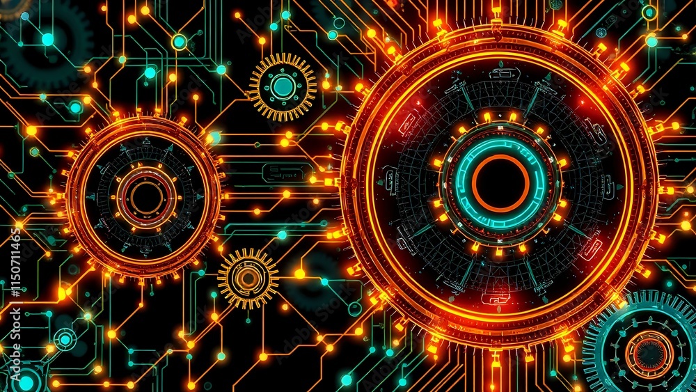 Poster futuristic circuit network with interlocking gears