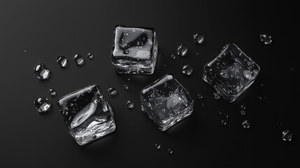 Ice cubes on a black background, top view 