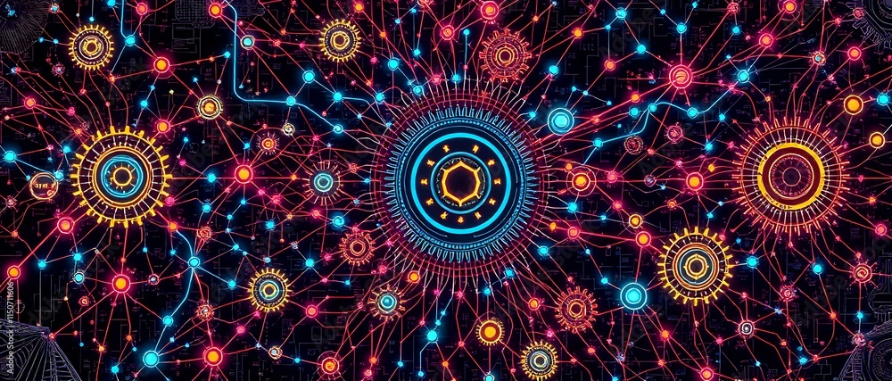 Poster dynamic data nexus - interlocking gear networks in vibrant glow