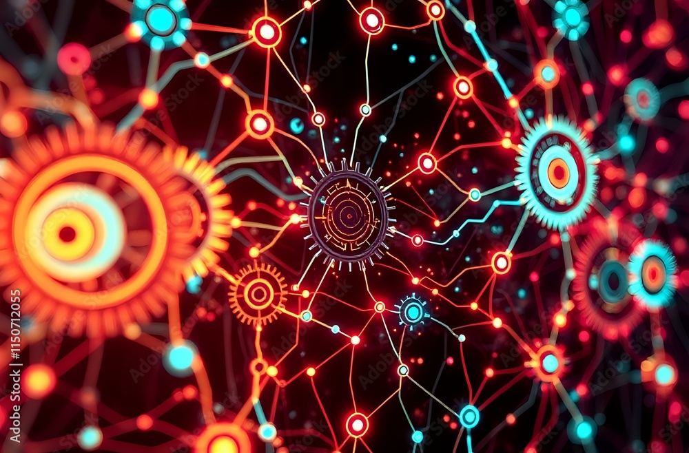 Poster glowing neon cybernetic art nouveau web design - intricate interlocking gear patterns