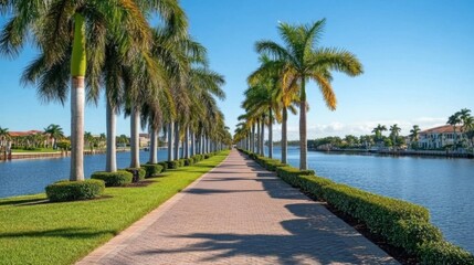 Fototapeta premium Lush Palm Trees Line Scenic Pathway by Tranquil Water Channel