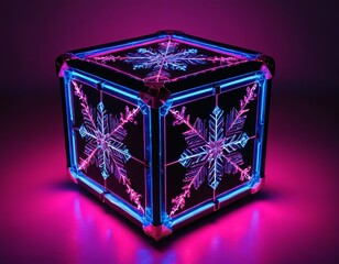 A vibrant illuminated snowflake-patterned cube with blue and pink neon lights against a dark...