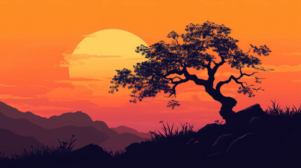 Japanese-style sunset landscape