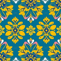 Fototapeta premium Vibrant Floral Damask Pattern: Teal and Gold Seamless Repeat 