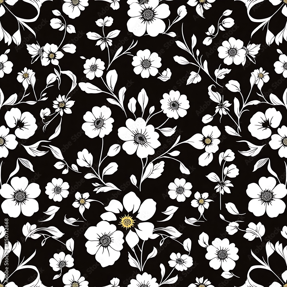 Poster white floral seamless pattern: a delicate and elegant white floral pattern on a black background, pe