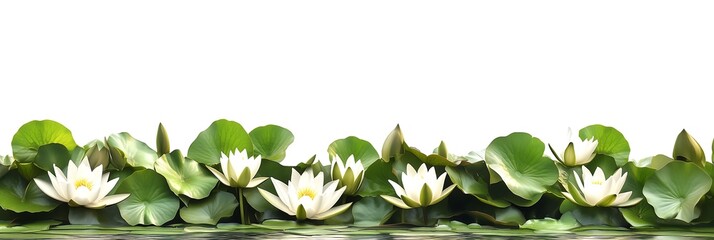 Serene white water lilies amidst lush green leaves, creating a tranquil aquatic scene. © Angelo