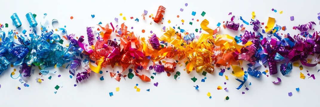 Colorful celebration ribbons and confetti scattered on white background.