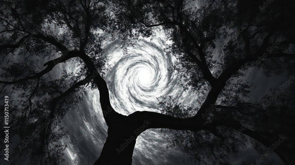 Poster Low angle view of swirling clouds viewed through dark tree branches.