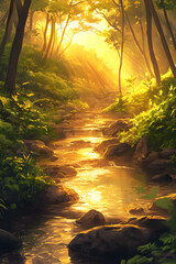 Serene Creek Meandering Through a Forest at Sunset with Lush Greenery and Reflective Waters