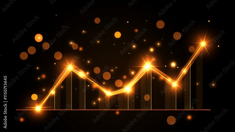 Poster sparkling golden graph with glowing data points and light effect