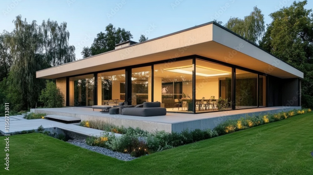 Poster modern architecture of a stylish house with large windows and greenery