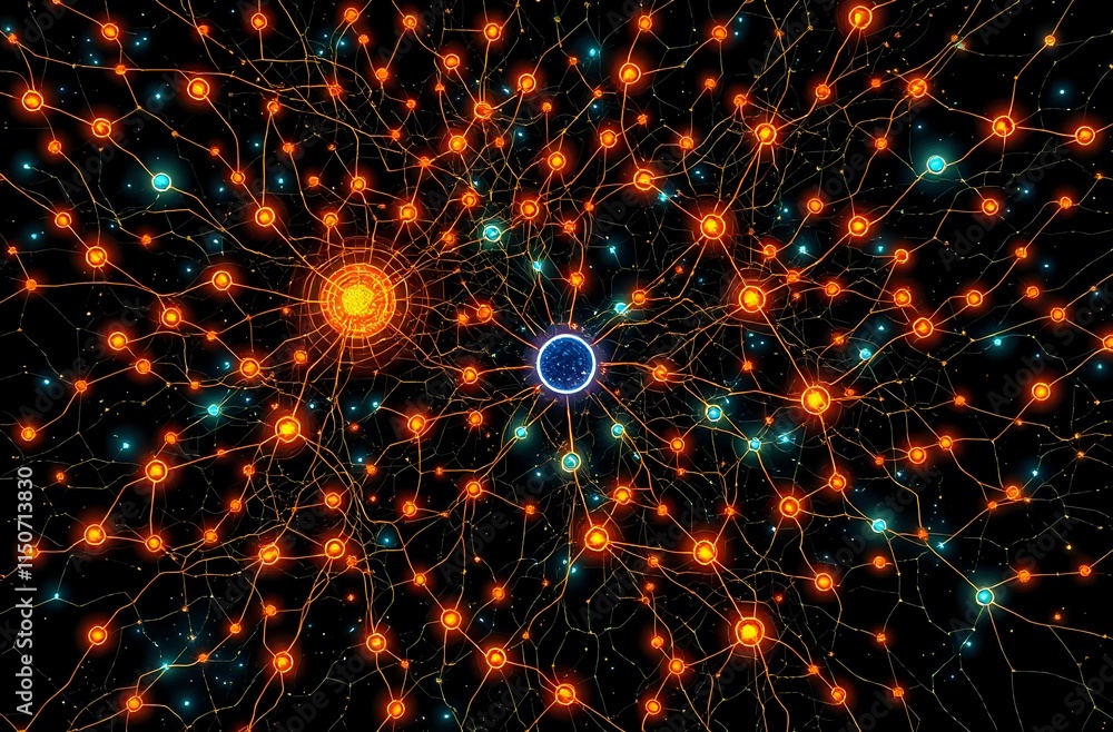 Poster glowing cybernetic neural network - art nouveau data visualization