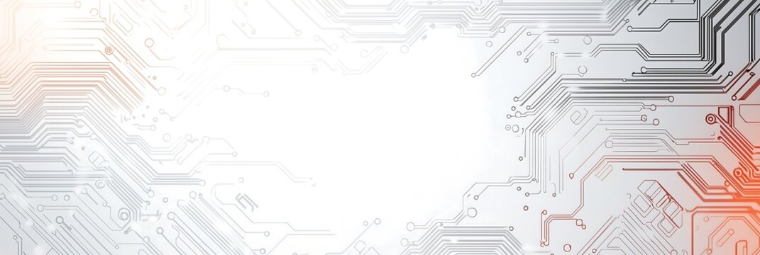 Abstract circuit board design with a gradient of red and white tones.