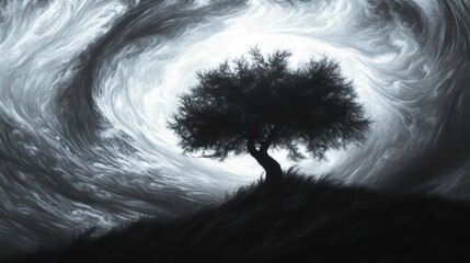 Obraz premium Lone tree silhouetted against a swirling, monochrome sky.