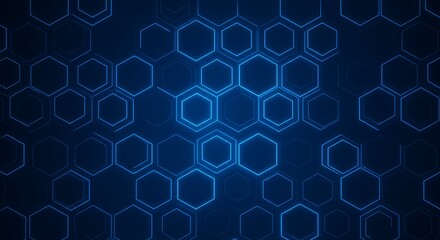 Glowing blue hexagon pattern.  Digital futuristic geometric abstract tech. Dark background.