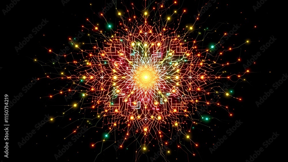 Poster Iridescent Circuit Nebula - Data Visualization Art Nouveau Style