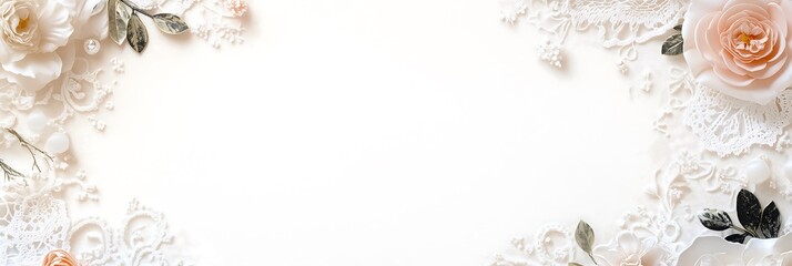 Delicate floral arrangement featuring roses and lace on a soft neutral background.