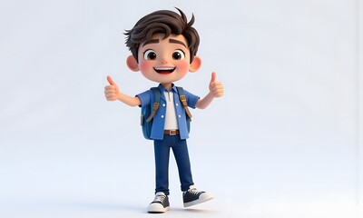 Cheerful Cartoon Boy with Backpack Giving Thumbs Up