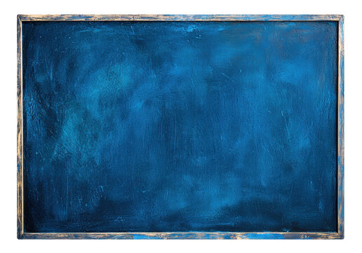 An empty blue chalkboard with a wooden frame, isolated on transparent background. Perfect for educational design themes