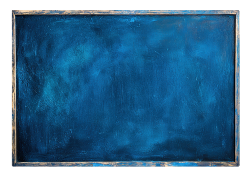 An empty blue chalkboard with a wooden frame, isolated on transparent background. Perfect for educational design themes