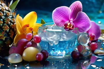 Fototapeta premium Purple orchid, ice-filled glass, lemon, and vibrant spheres. Fresh and modern, perfect for wellness, beverage, or floral themes. Bright and visually appealing.