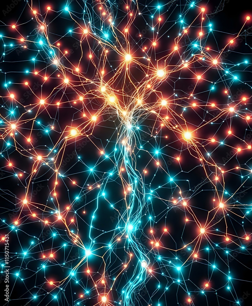 Poster neon cybernetic labyrinth: web of interconnected nodes