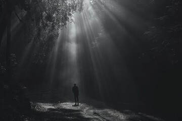 Obraz premium A person is walking in a forest at night