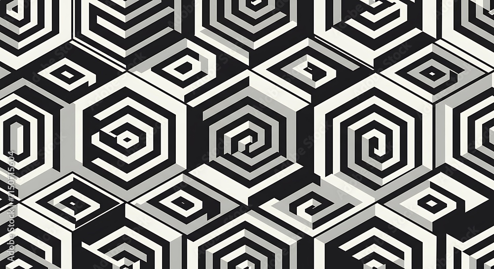Poster intricate hexagonal geometric 3d pattern. optical illusion of spirals and lines. abstract black and 