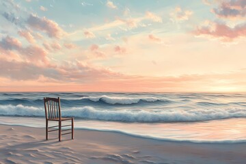 Naklejka premium Beach scene with a lonely wooden chair
