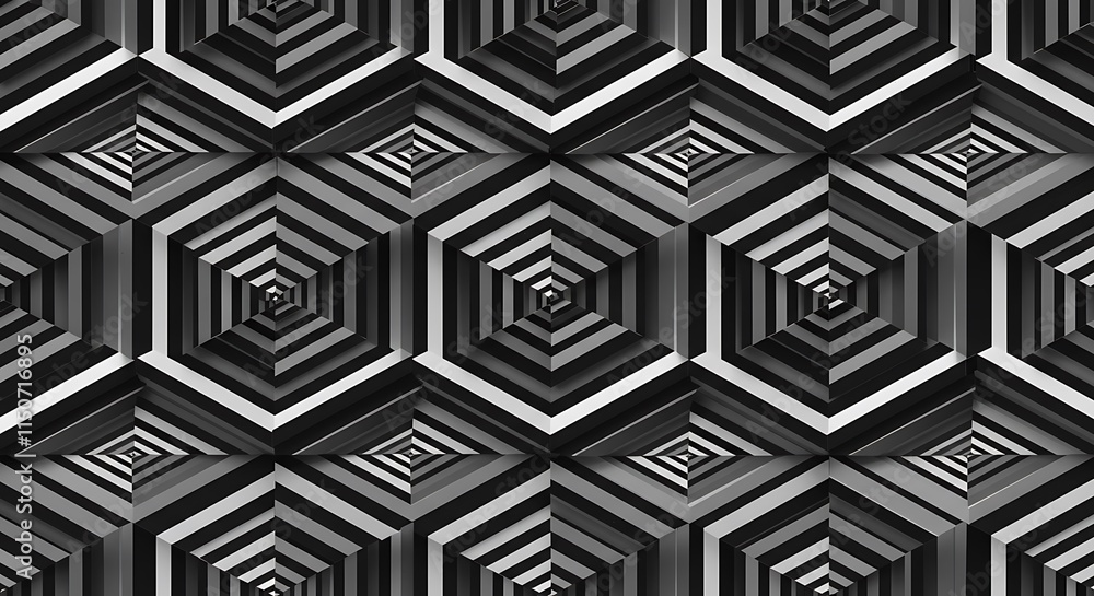 Poster intricate hexagonal geometric pattern. 3d black and white stripes create an optical illusion. abstra