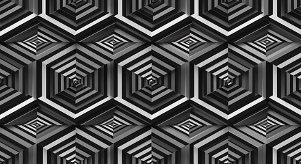 Intricate hexagonal geometric pattern.  3D black and white stripes create an optical illusion.  Abstract design. Repeating.