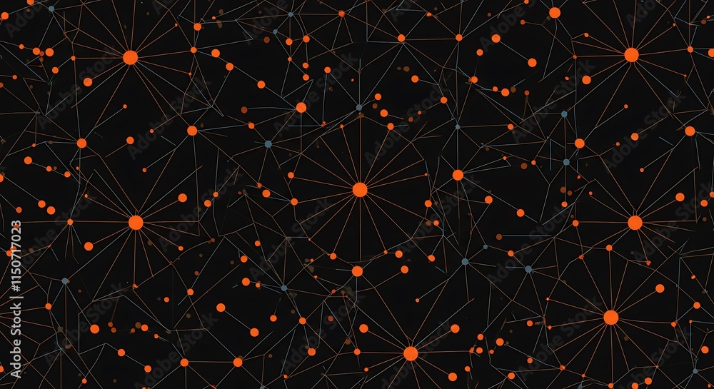 Poster intricate network of interconnected orange dots and lines on a dark background. geometric and abstra