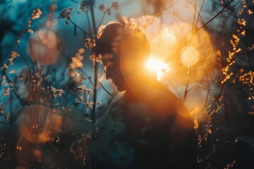 Obraz premium A man is standing in a field of tall grass, with the sun shining on him