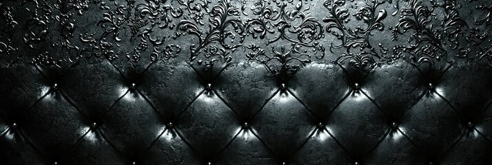 A textured black wall with tufted design and subtle lighting, creating an elegant atmosphere.