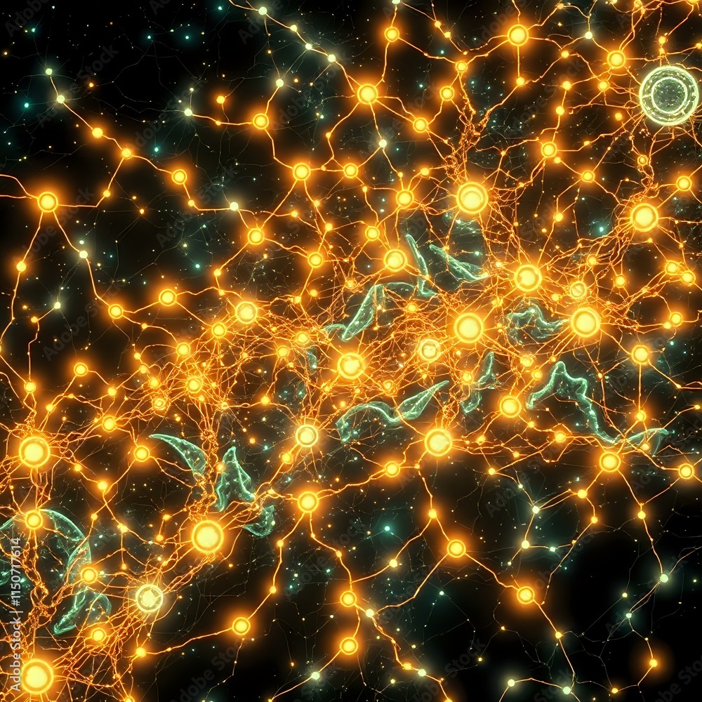 Poster cybernetic web visualization with bioluminescent nodes